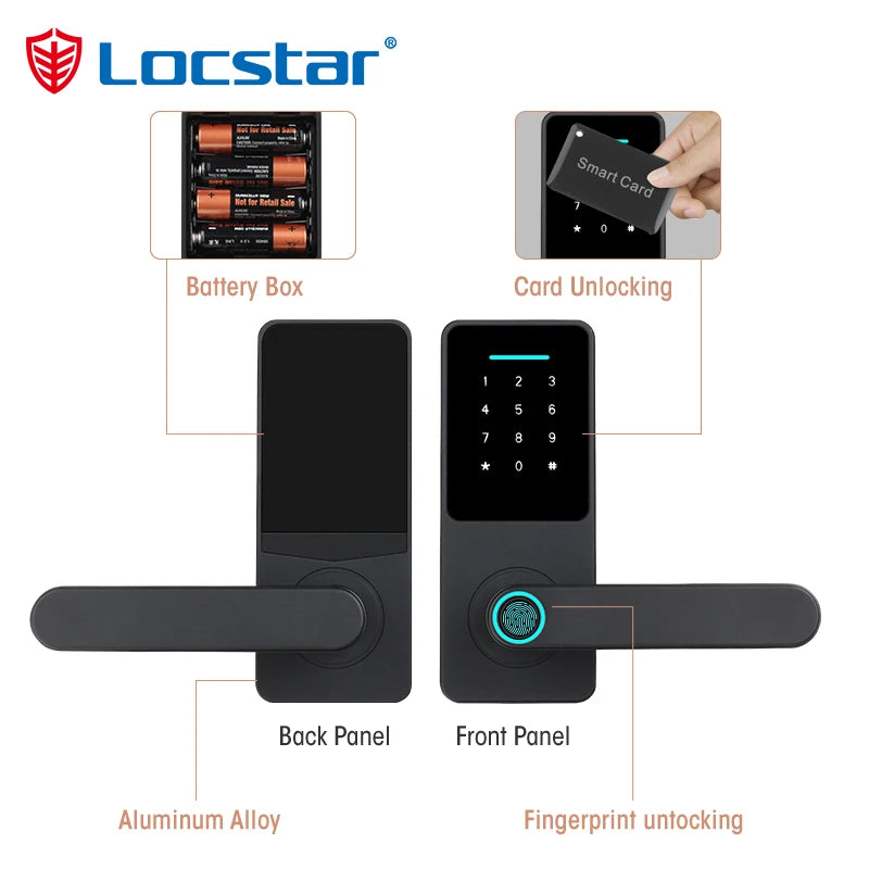 Black aluminium smart door lock with digital keypad, fingerprint scanner, and smart card access. Includes battery pack.