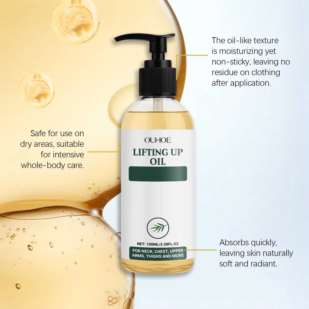 100ml clear pump bottle of golden body oil for intensive skin moisturising and lifting care.