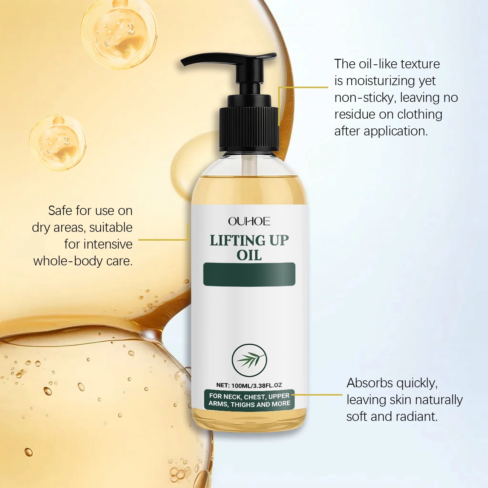 100ml clear pump bottle of golden body oil for intensive skin moisturising and lifting care.