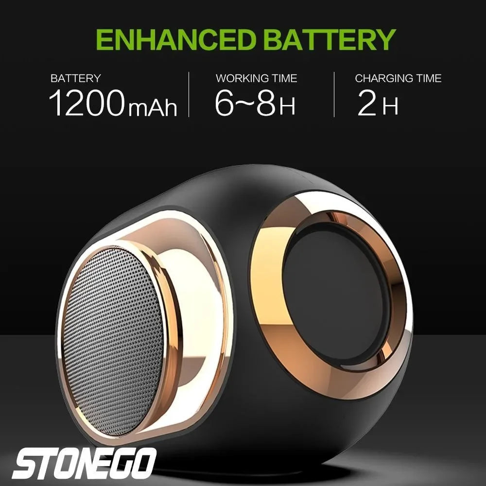 Black and gold portable Bluetooth speaker with 1200mAh battery, 6-8 hours play time, and 2-hour charging.