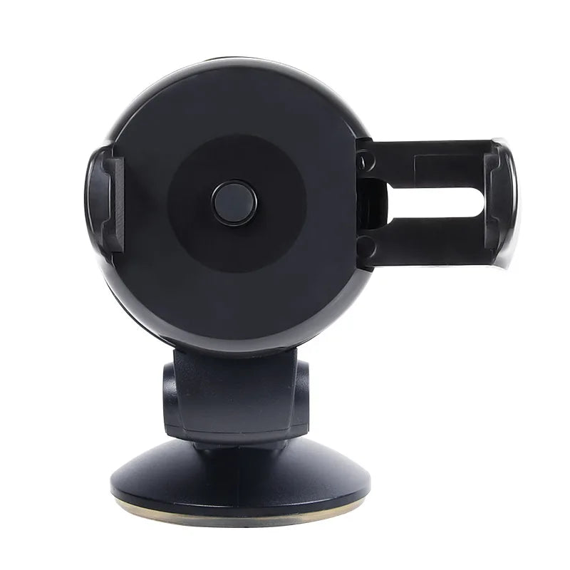 Black circular car phone mount with an adjustable side-grip cradle and a sturdy suction cup base.