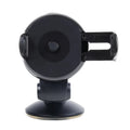 Black circular car phone mount with an adjustable side-grip cradle and a sturdy suction cup base.