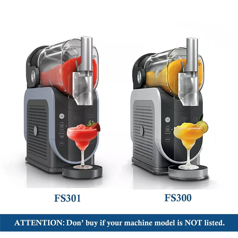 Two slushie machines in grey and black, shown with red and orange frozen drinks and matching cocktails.
