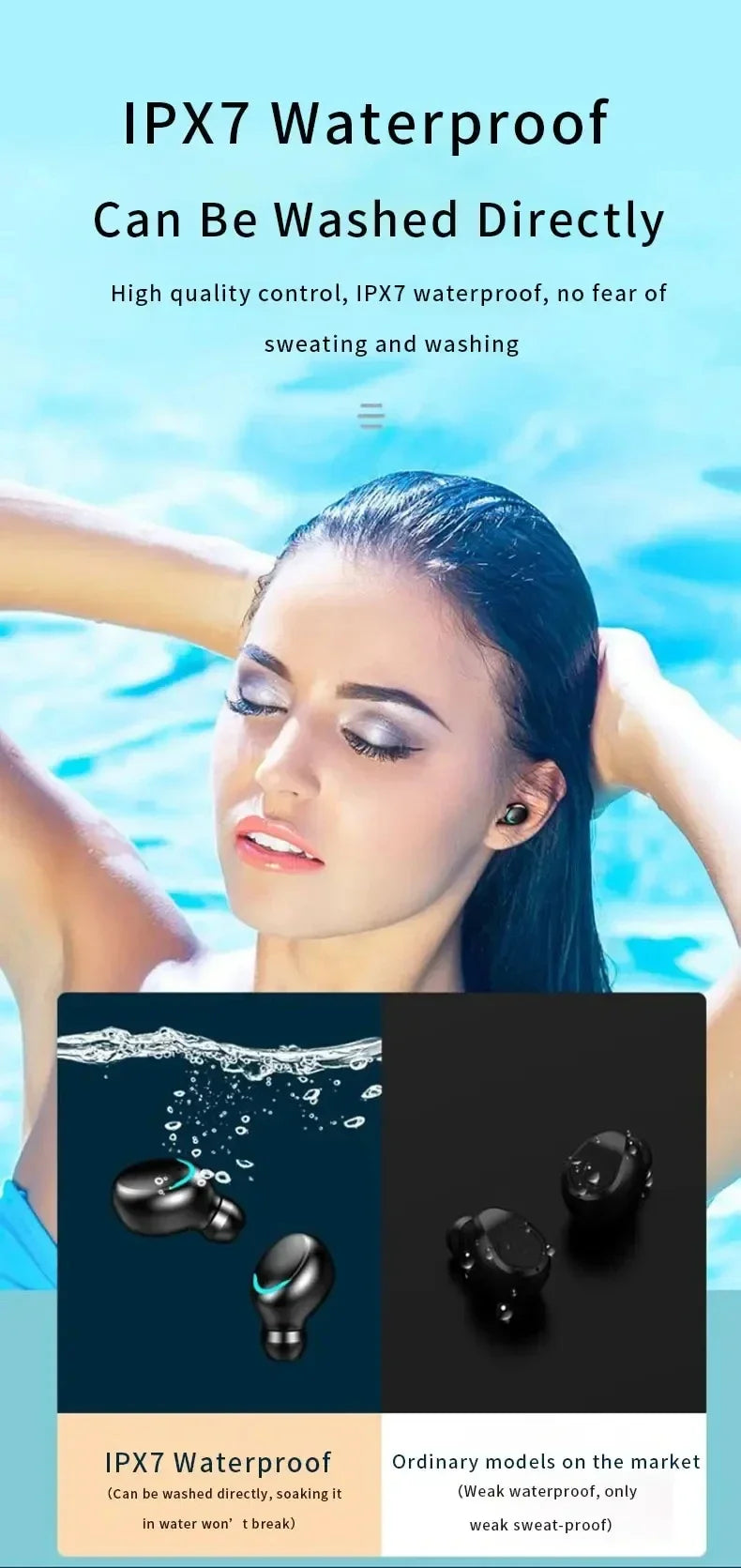 Small, black, round, wireless earbuds that are IPX7 waterproof, shown with blue water splashes.
