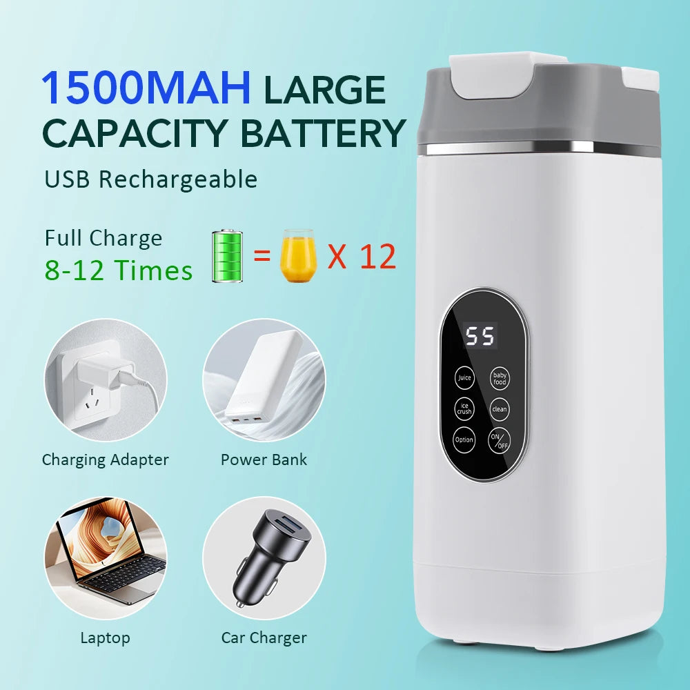 White USB-rechargeable portable blender with a gray top, digital display, and multi-function buttons on a light background.