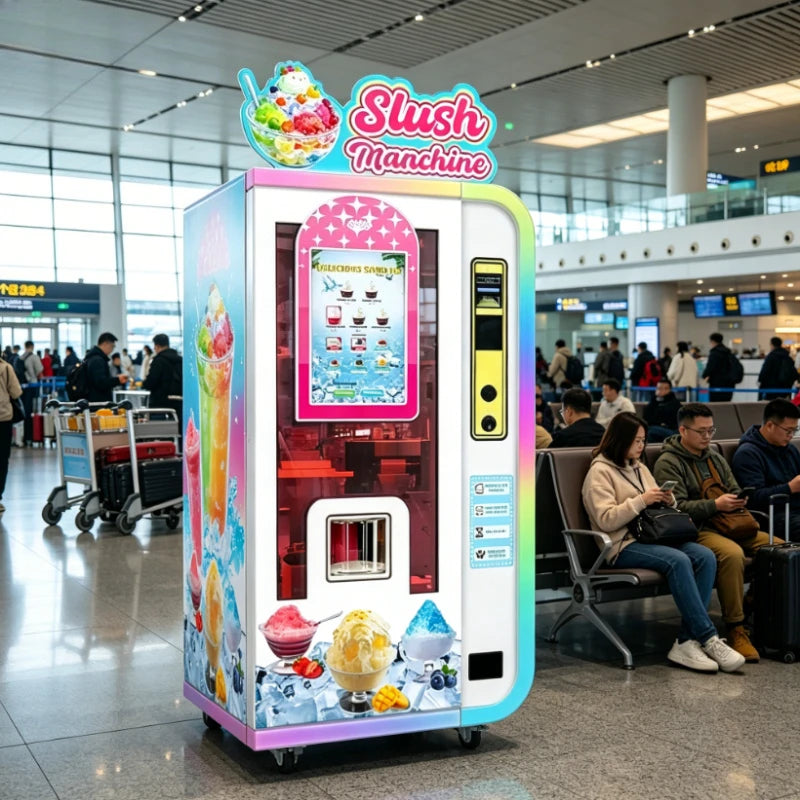 White and rainbow slush and smoothie vending machine with touchscreen, payment slot, and colorful dessert graphics.