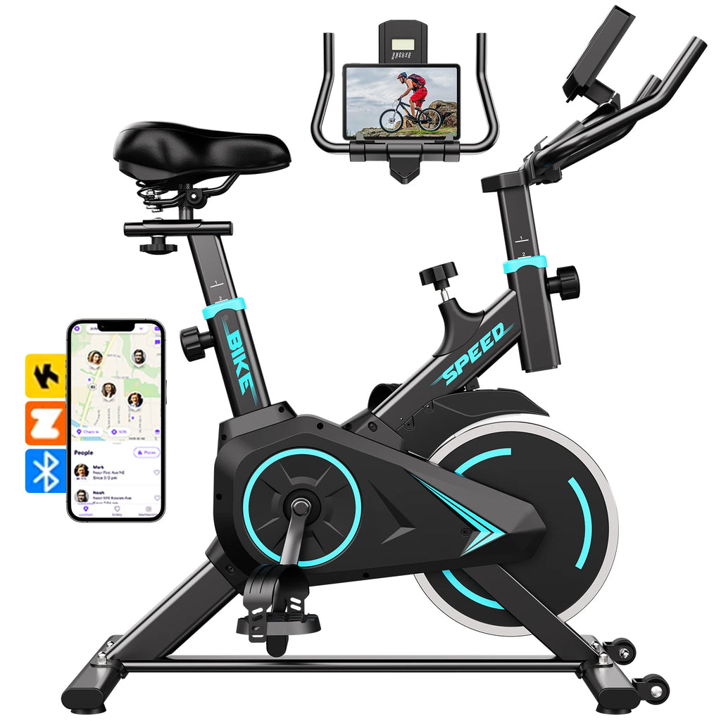 Black upright spin exercise bike with blue accents, padded seat, handlebars, pedals, and a tablet holder.