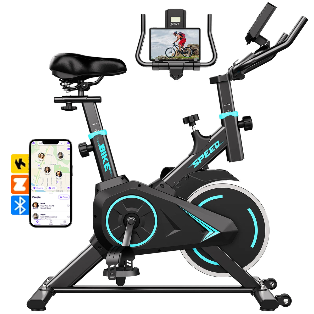 Black upright spin exercise bike with blue accents, padded seat, handlebars, pedals, and a tablet holder.
