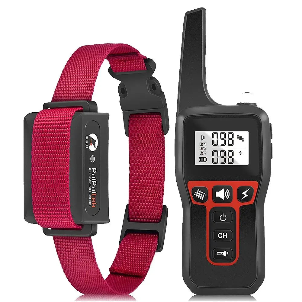 A magenta dog training collar and a black handheld remote with a digital LCD screen and control buttons.