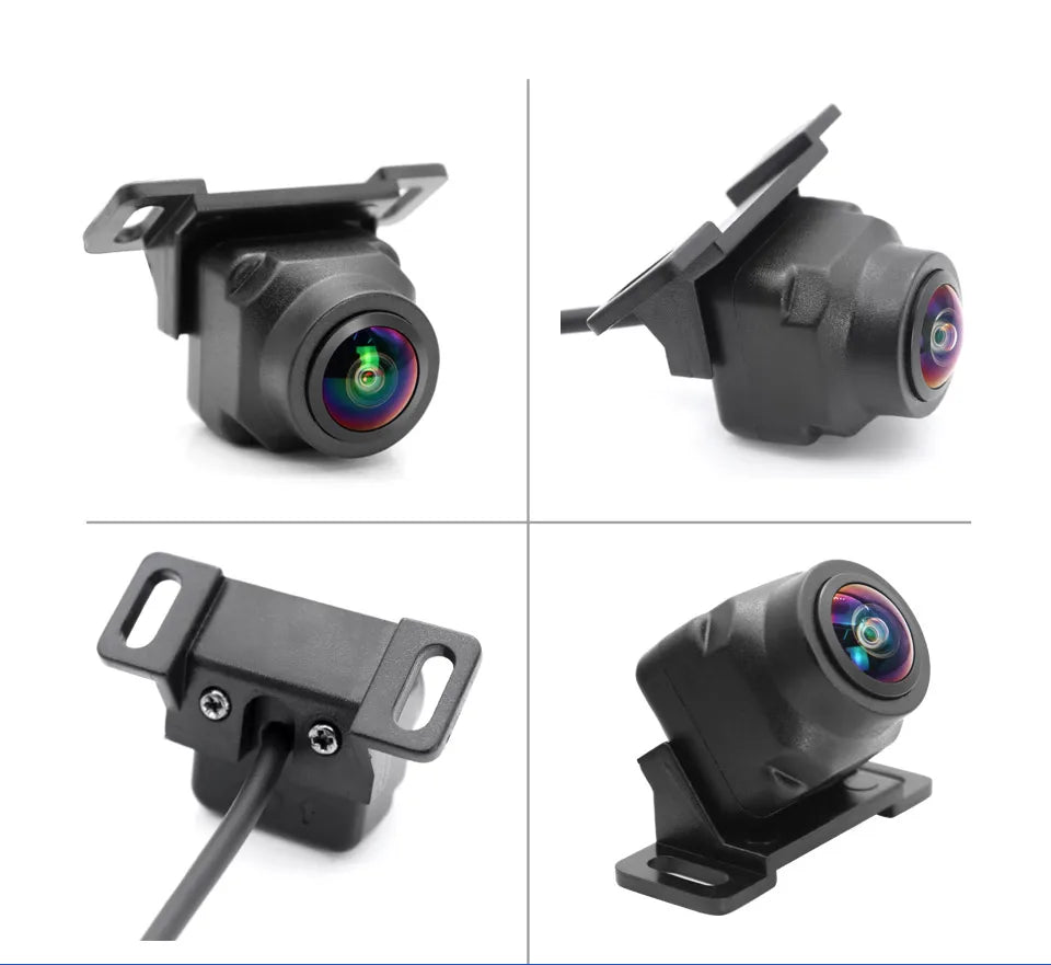 Four views of a black, compact vehicle reversing camera with a wide-angle fisheye lens and integrated mounting bracket.