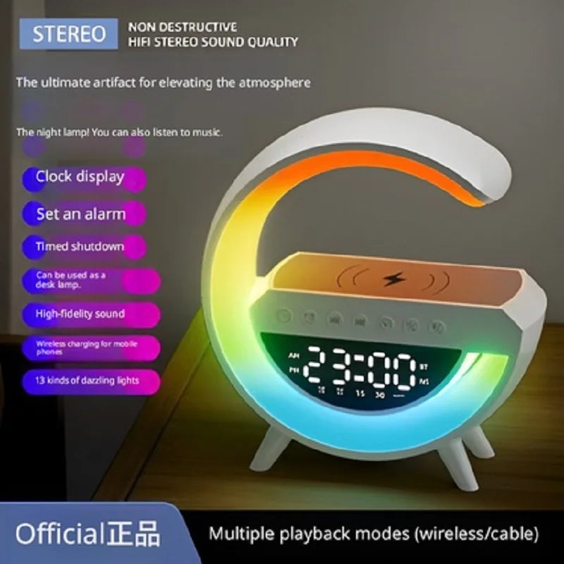 White crescent-shaped alarm clock with a digital display, colour-changing LED light, and a wireless charging pad.
