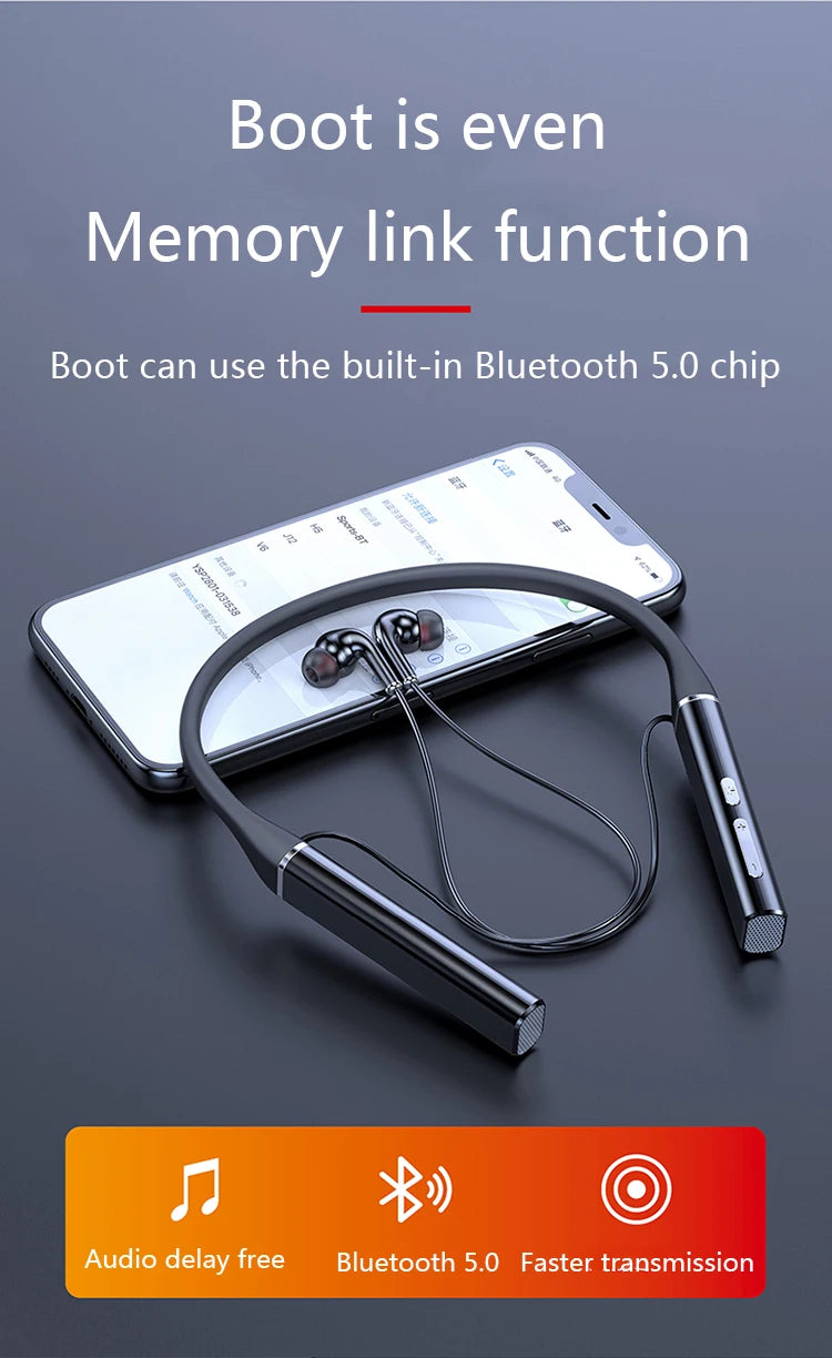 Sleek black wireless magnetic neckband headphones resting on a smartphone, featuring Bluetooth 5.0 and clear audio.