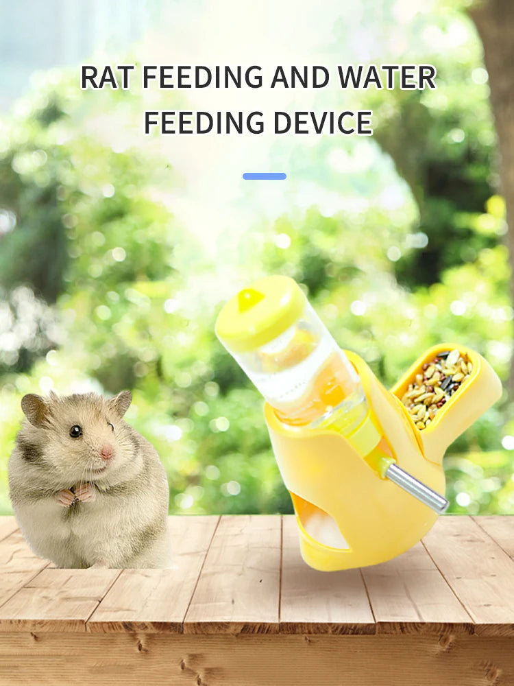 Bright yellow small animal feeder and water bottle combo for hamsters or rats, set against a nature background.