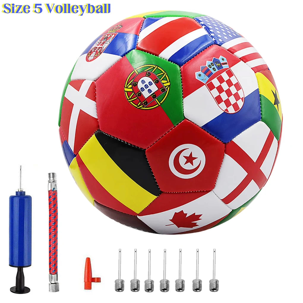Size 5 colourful volleyball featuring international flags, complete with a manual air pump and several inflation needles.