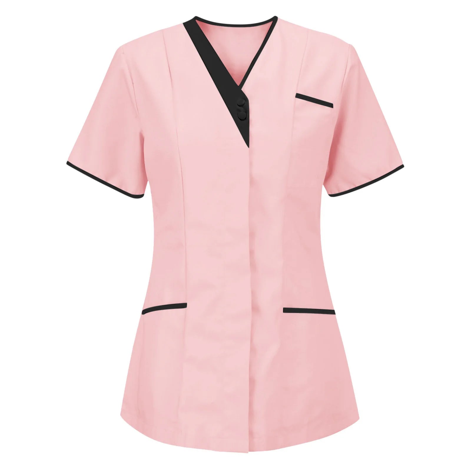 Pink short-sleeved salon tunic with a black V-neck collar, button front, and contrast piping on sleeves and pockets.