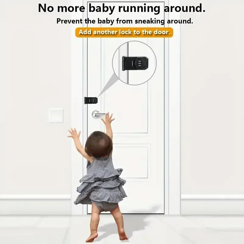 Black plastic combination door lock latch installed on a white door to prevent a child from opening it.