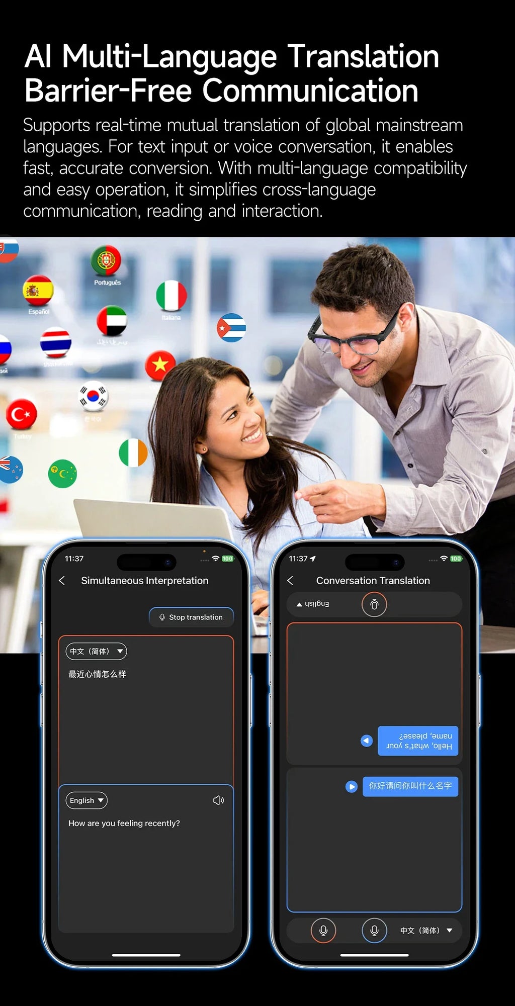 A man wearing sleek black smart glasses works with a colleague; mobile app screens show real-time language translation.