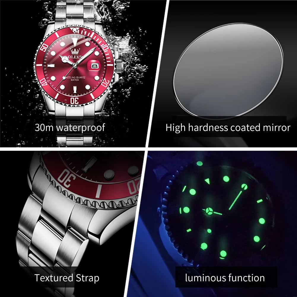 OLEVS red dial luxury sport watch with silver stainless steel strap, date window, and luminous hands.
