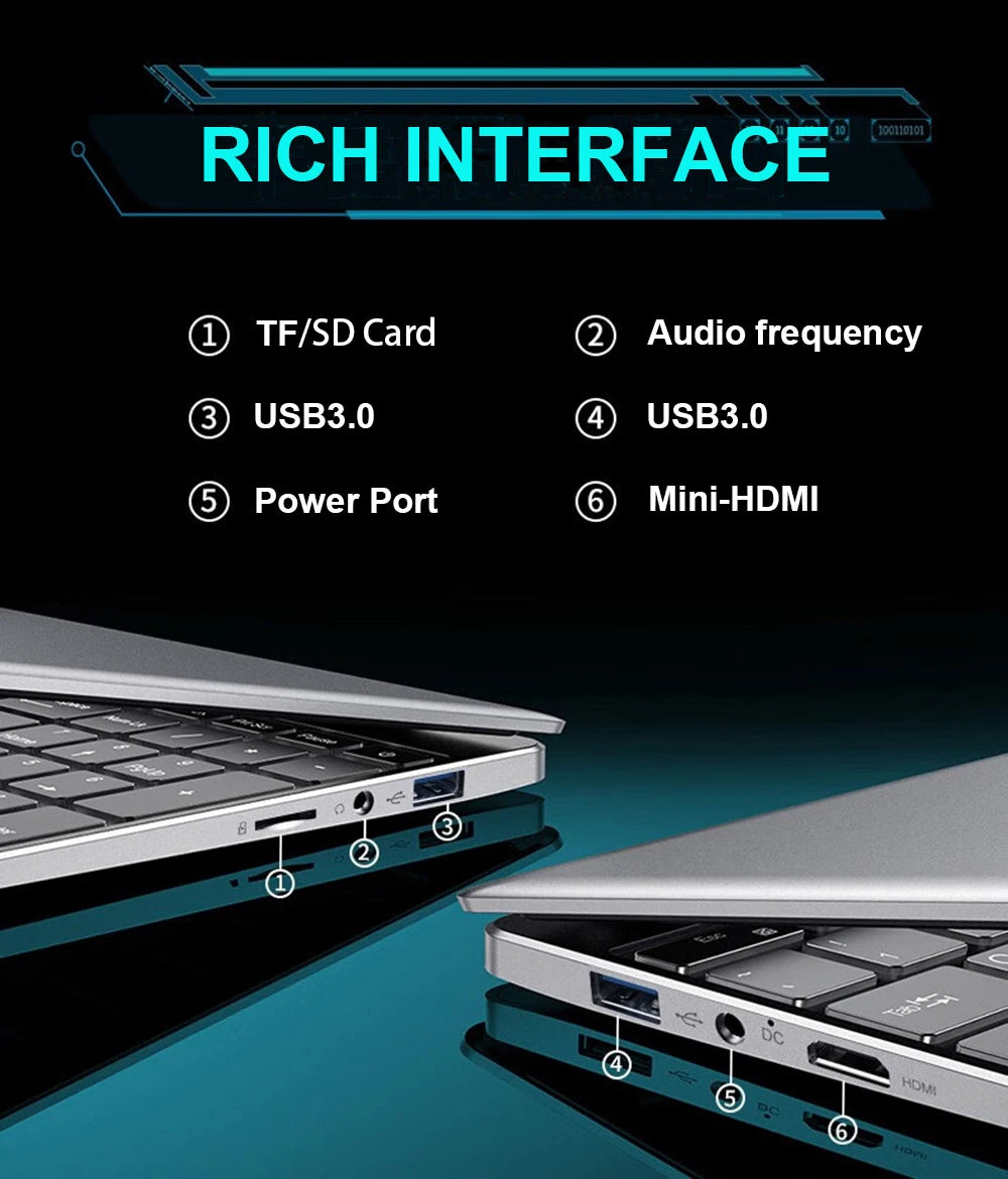 Slim silver 15.6-inch laptop highlighting USB, HDMI, audio and card ports for versatile connectivity.