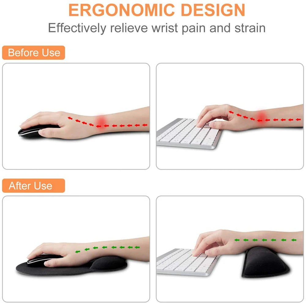 Black foam wrist rests for a computer mouse and keyboard, showing before and after ergonomic positioning.