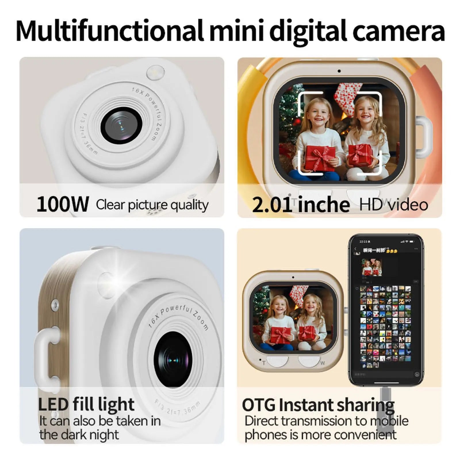 White and wood-grain mini digital camera with 2-inch screen, 16x zoom, LED flash, and OTG smartphone connectivity.