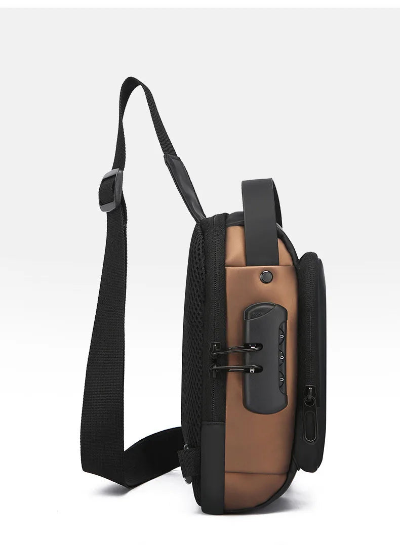 Brown and black anti-theft crossbody sling bag with a secure combination lock, adjustable strap and mesh back.