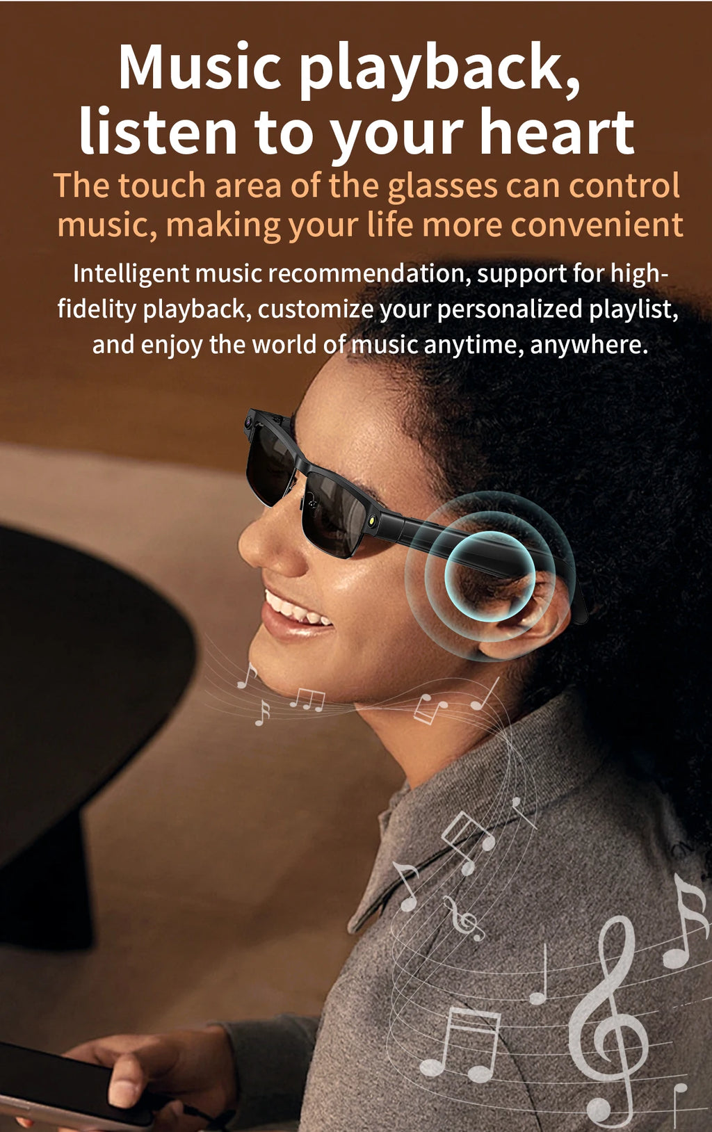 A woman wearing stylish black smart glasses that feature touch controls for music and integrated audio technology.