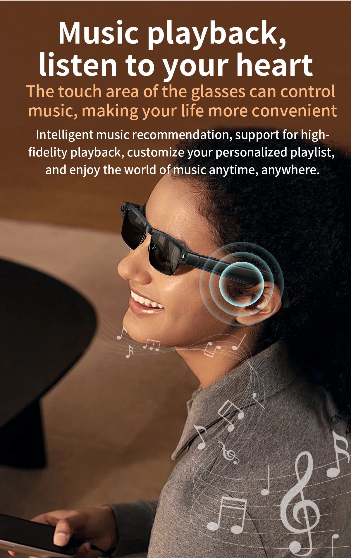 A woman wearing stylish black smart glasses that feature touch controls for music and integrated audio technology.