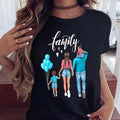 Black t-shirt featuring a cartoon illustration of a family walking with blue balloons and the word 'family' above.