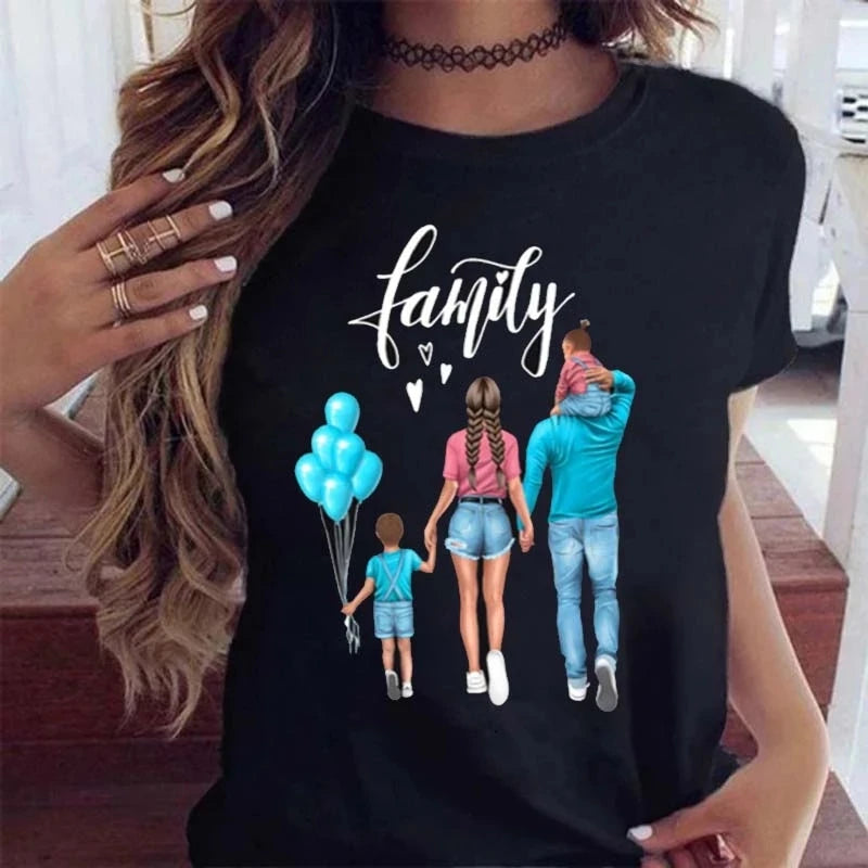 Black t-shirt featuring a cartoon illustration of a family walking with blue balloons and the word 'family' above.