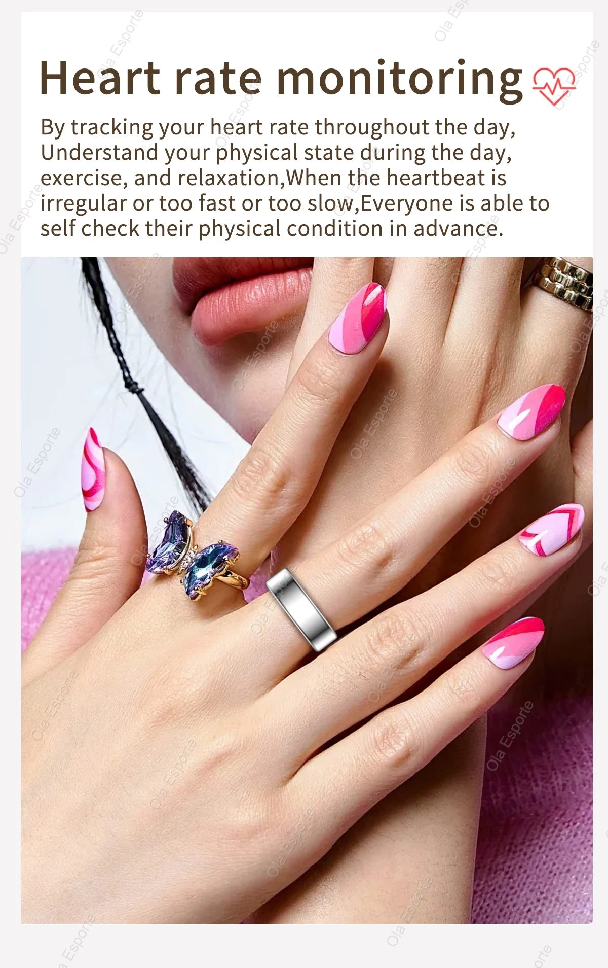 A sleek, silver-toned minimalist smart health tracking ring worn on a hand alongside a butterfly ring.