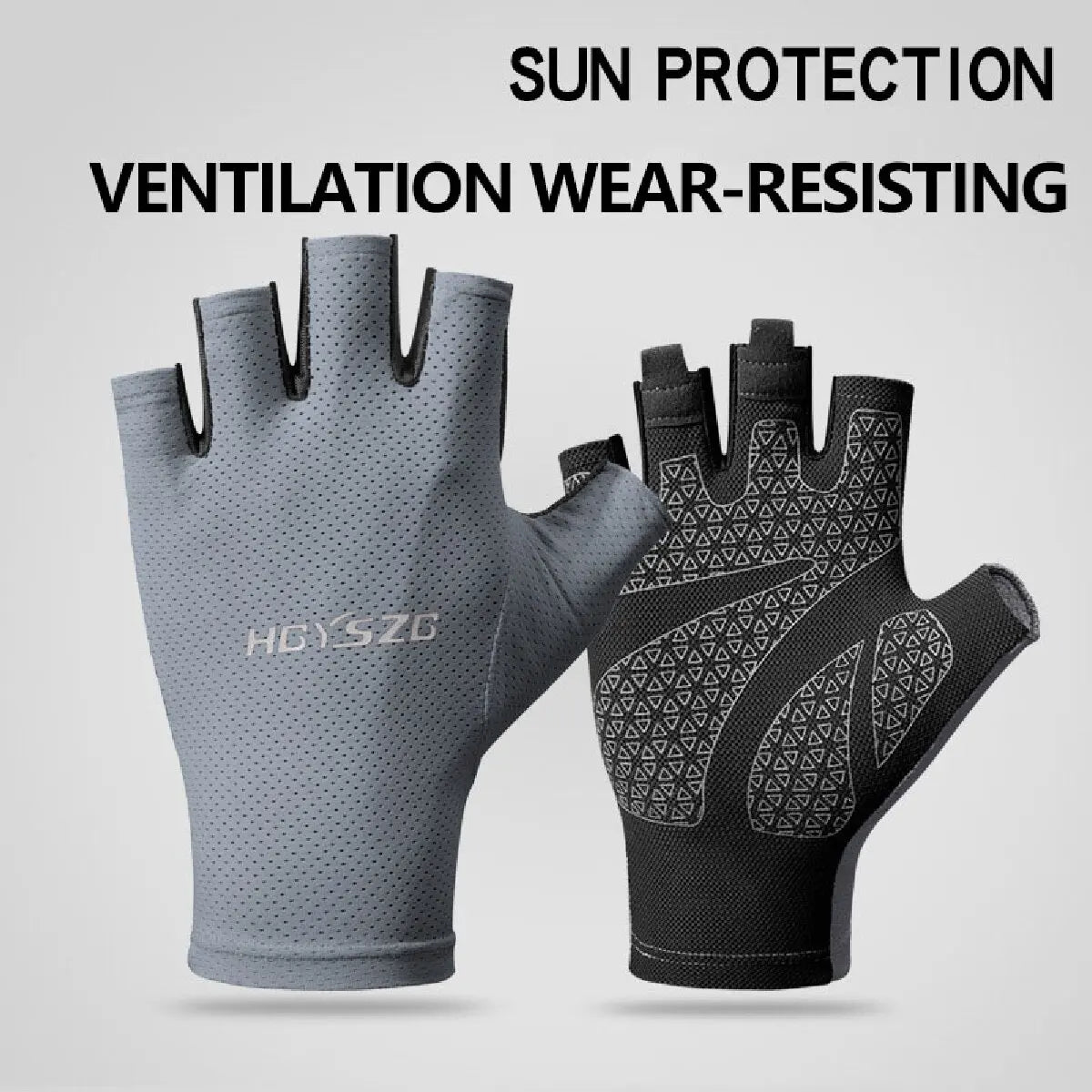 Pair of fingerless cycling gloves in grey and black with textured grip palms and breathable mesh fabric.