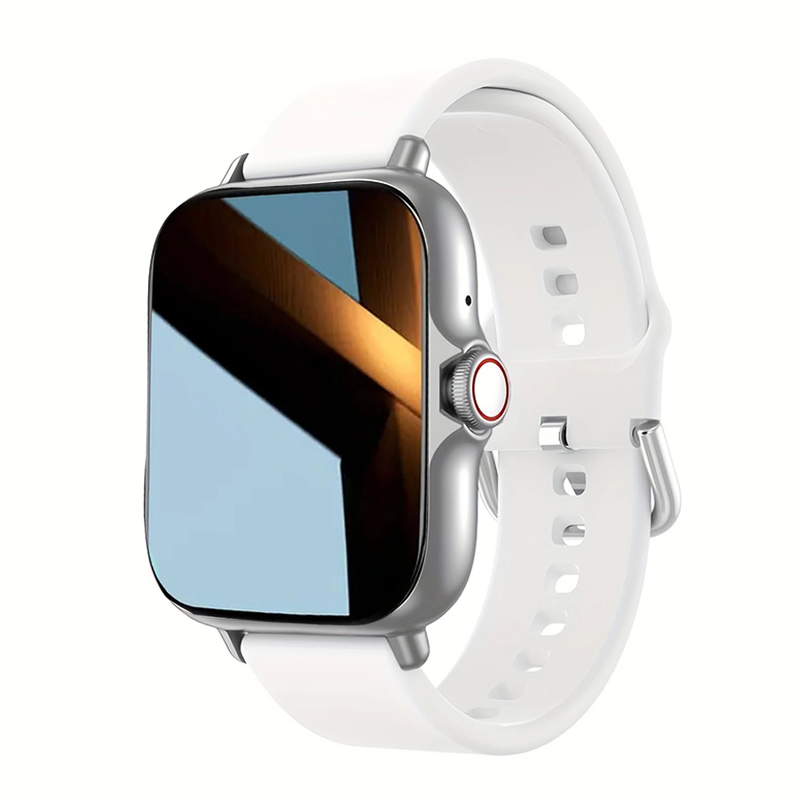 Sleek white smartwatch with a silver casing, square touchscreen display, and a comfortable silicone strap.