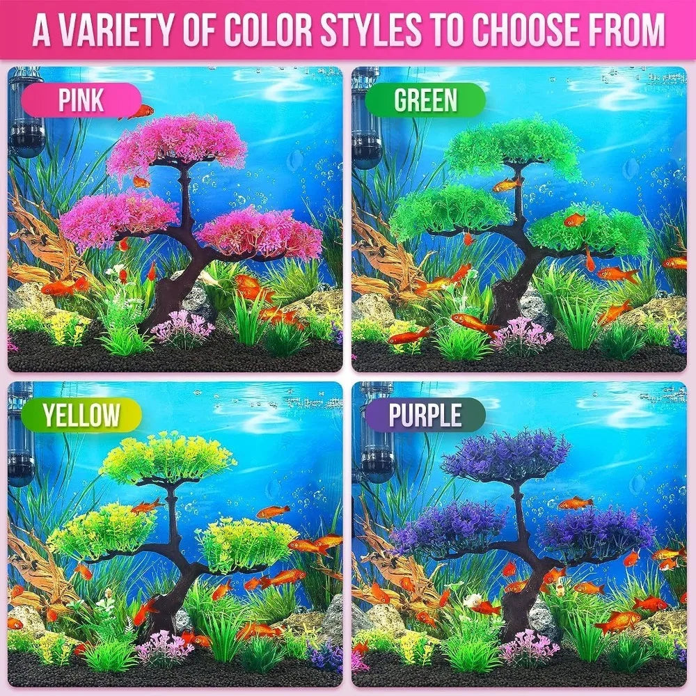 Four aquarium scenes showing a decorative bonsai tree in pink, green, yellow, and purple with goldfish in a tank.