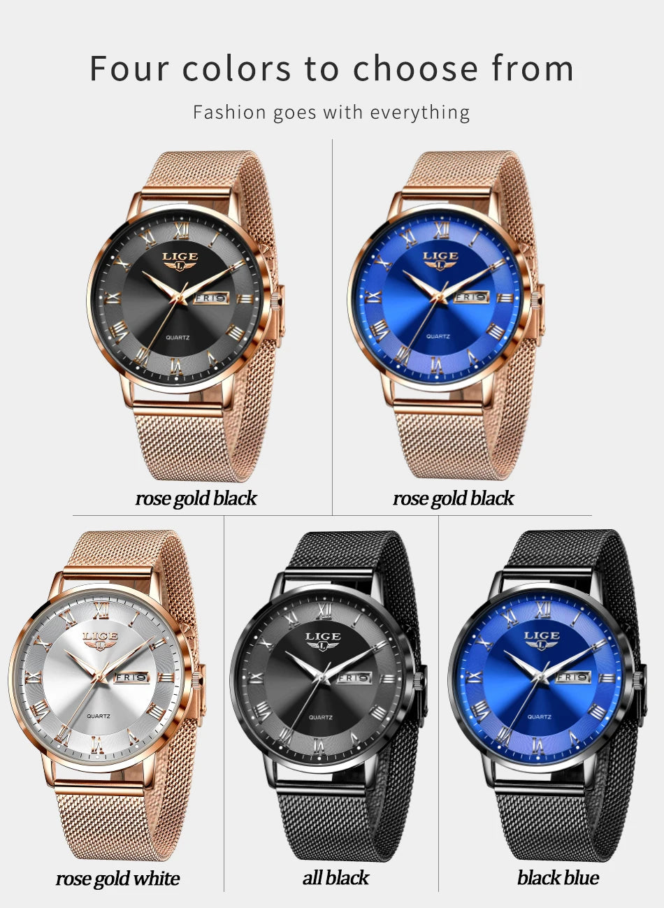Elegant women's stainless steel mesh strap watches featuring Roman numerals, quartz movement and day-date displays.
