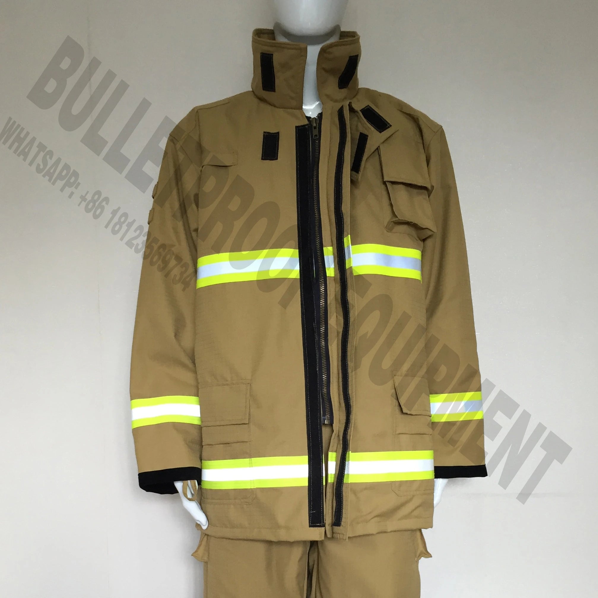 Tan firefighter turnout jacket with high-visibility reflective strips, zipper closure, and multiple pockets.
