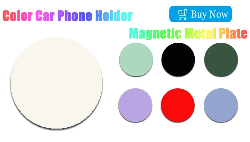 Round, flat magnetic metal plates for car phone holders, available in white, mint, black, dark green, purple, red, blue.