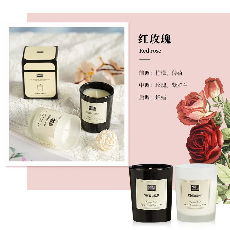 Two scented candles in black and frosted glass jars, featured with elegant rose graphics and decorative gift packaging.