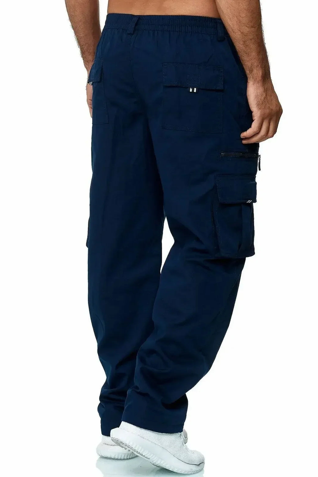 Men's navy blue casual work trousers featuring an elasticated waist and multiple side cargo pockets.