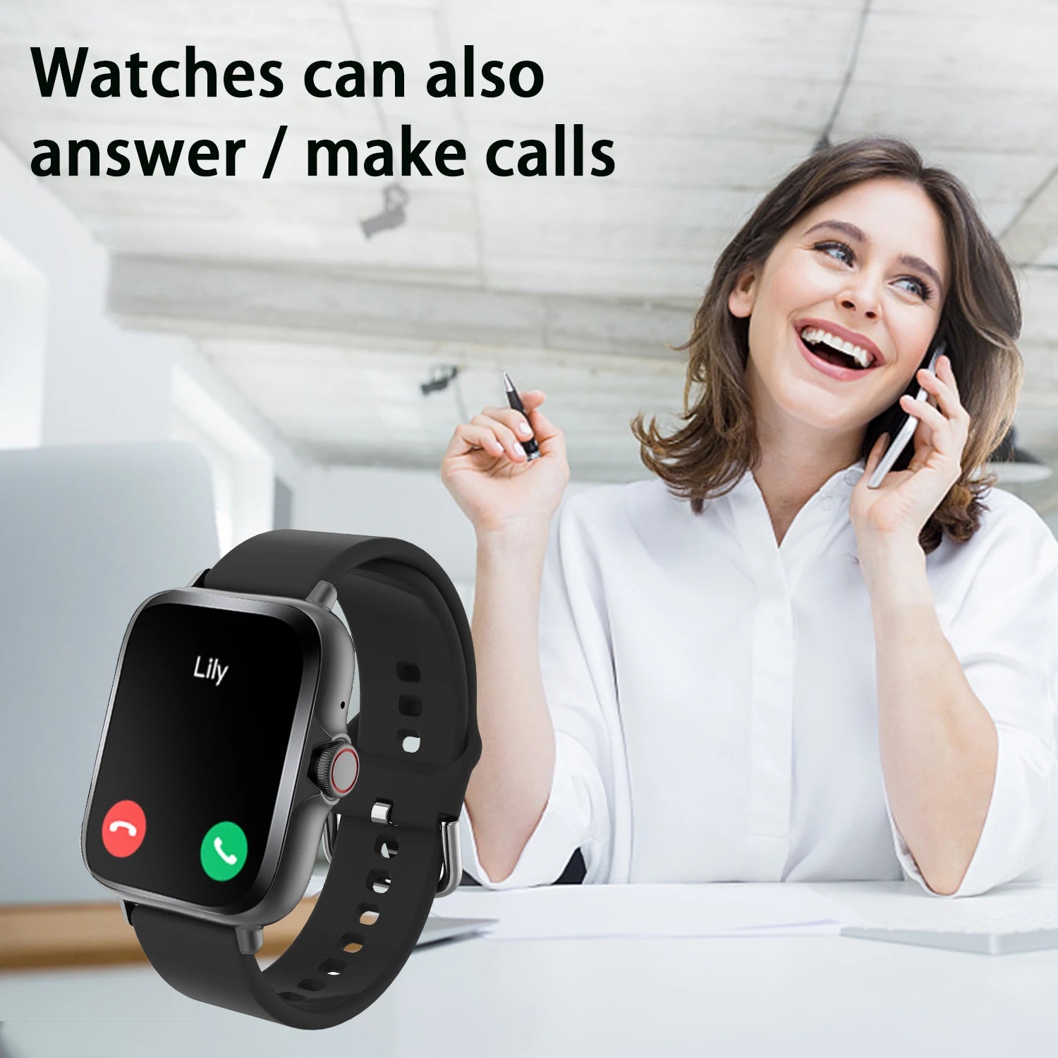 A sleek black smartwatch with a fitness tracker and calling feature, shown on a wrist during a call.