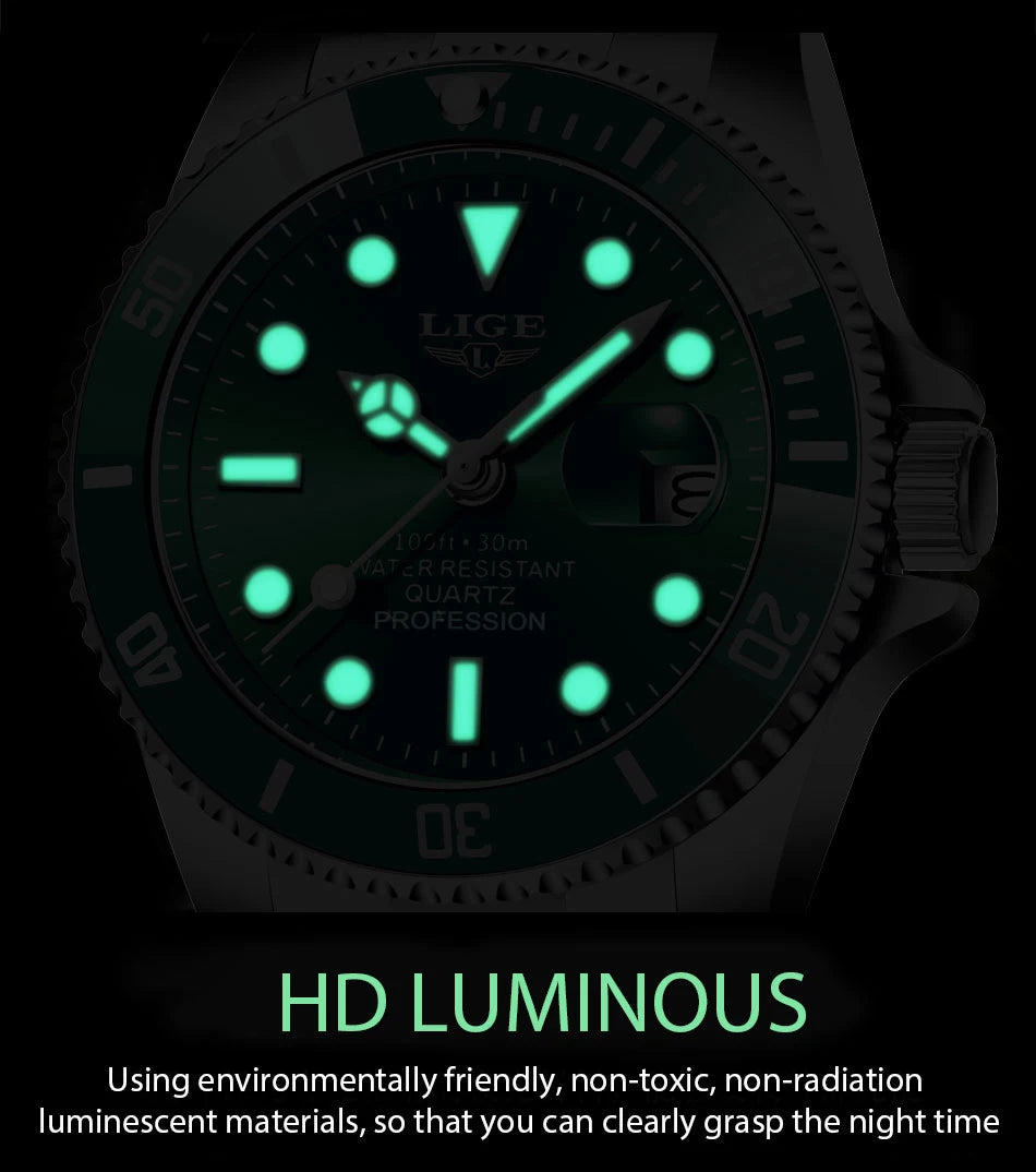 Men’s black stainless steel quartz watch with a glowing luminous dial for clear visibility in low light.