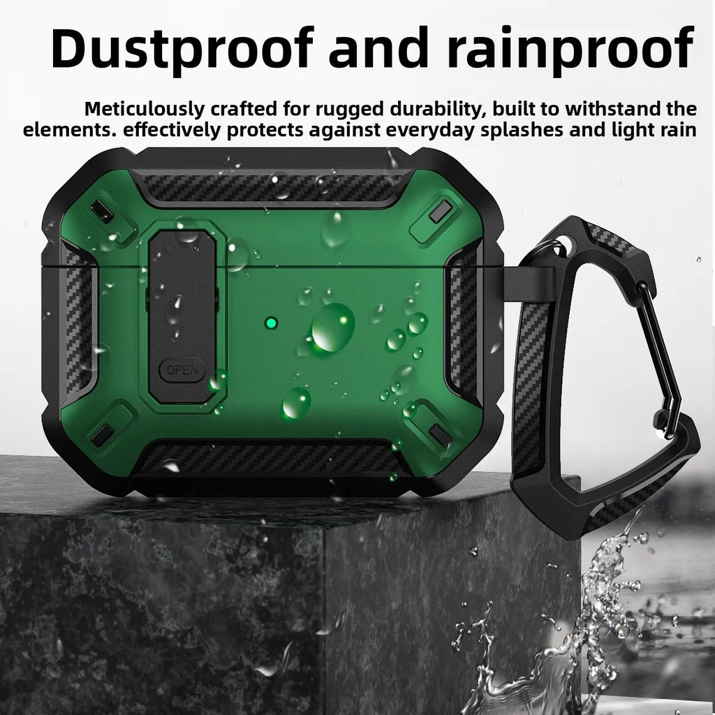 Rugged green and black protective AirPods Pro case with a carbon fibre texture and carabiner clip.