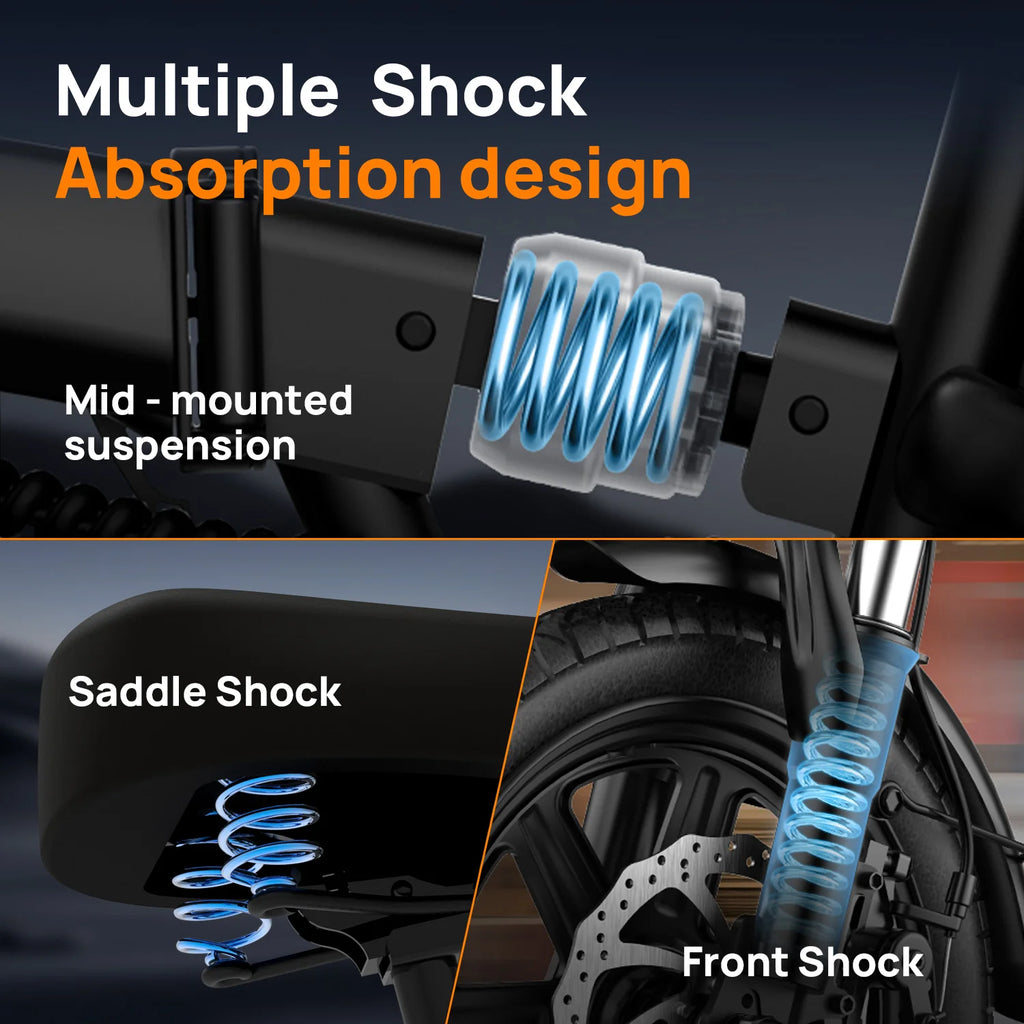 Black e-bike showing multiple shock absorption features: mid-mounted suspension, saddle springs, and front fork.