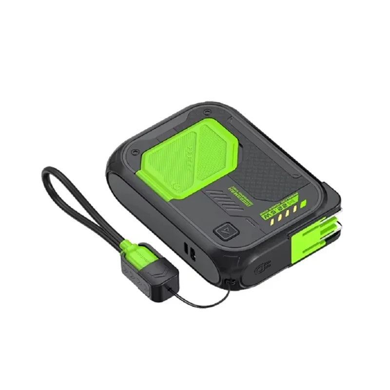 Black and neon green magnetic wireless power bank with a fold-out phone stand and a handy carrying lanyard.