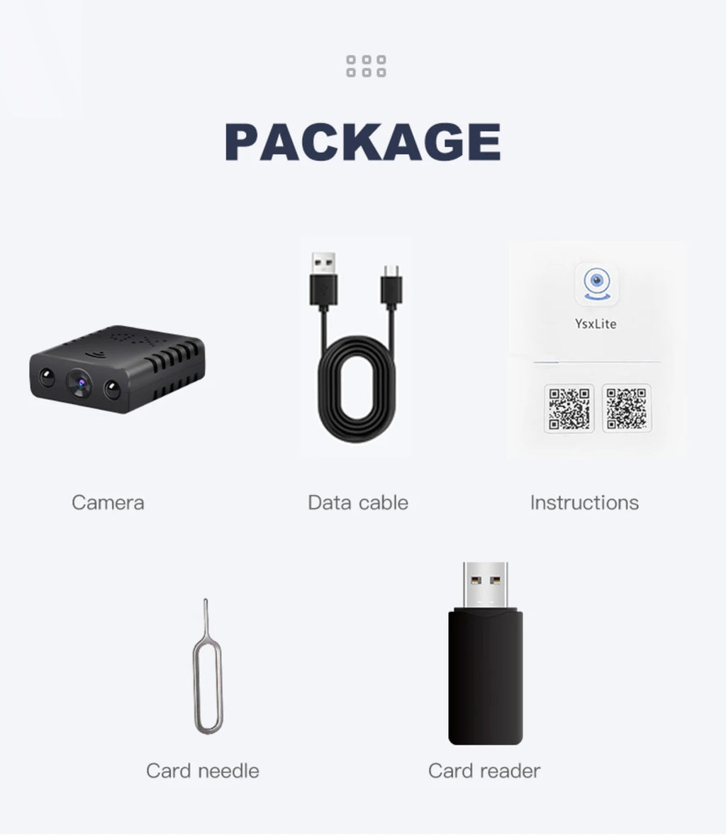 Package includes black plastic mini camera, USB charging cable, QR code instructions, metal card pin and card reader.