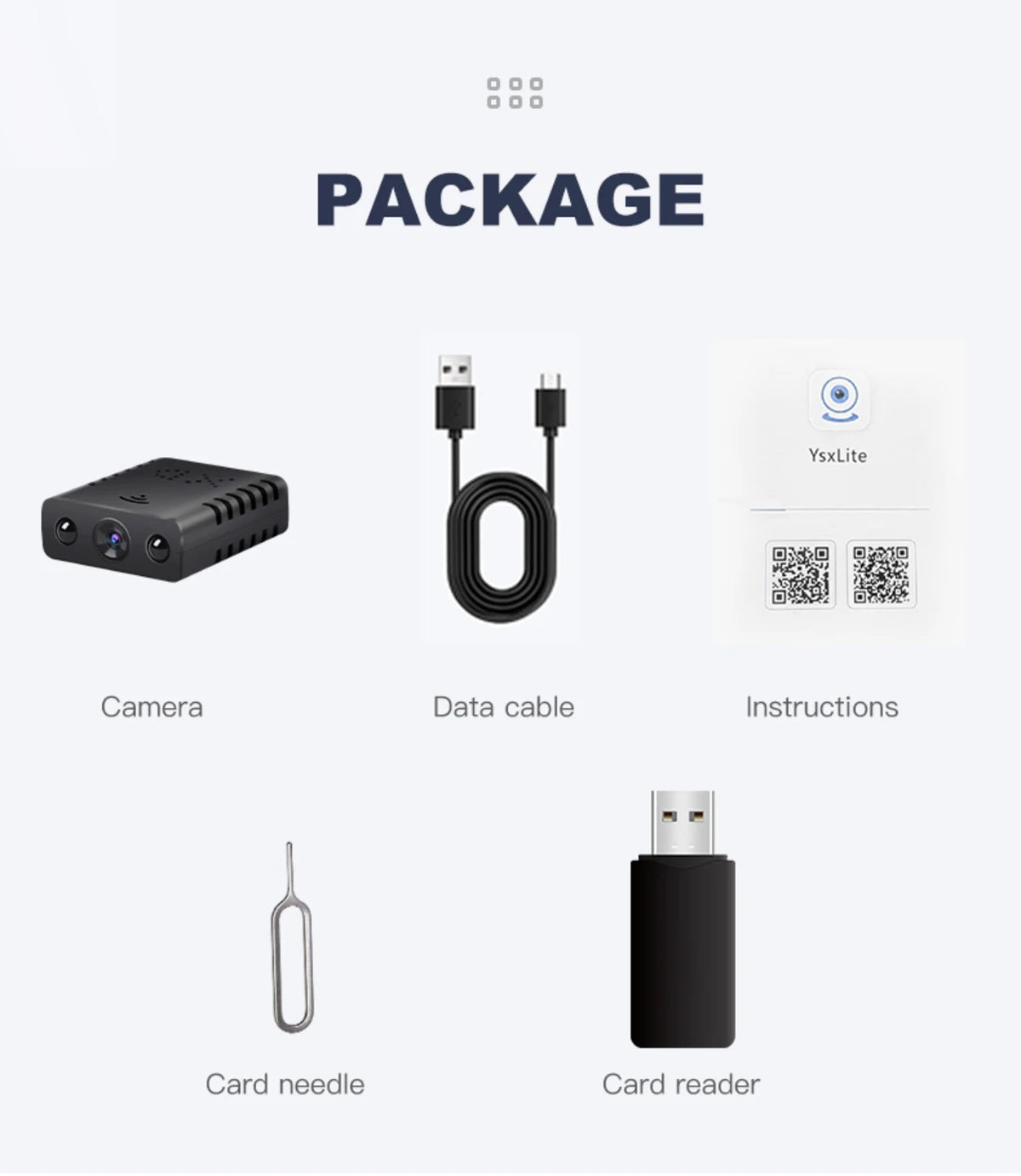 Package includes black plastic mini camera, USB charging cable, QR code instructions, metal card pin and card reader.