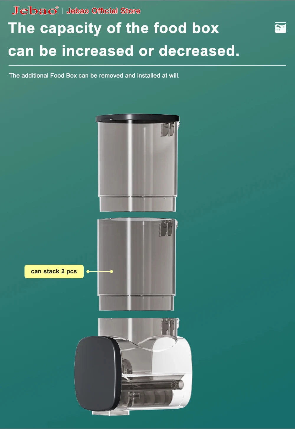 Clear, modular food storage container with stackable transparent sections and a black lid on a green background.