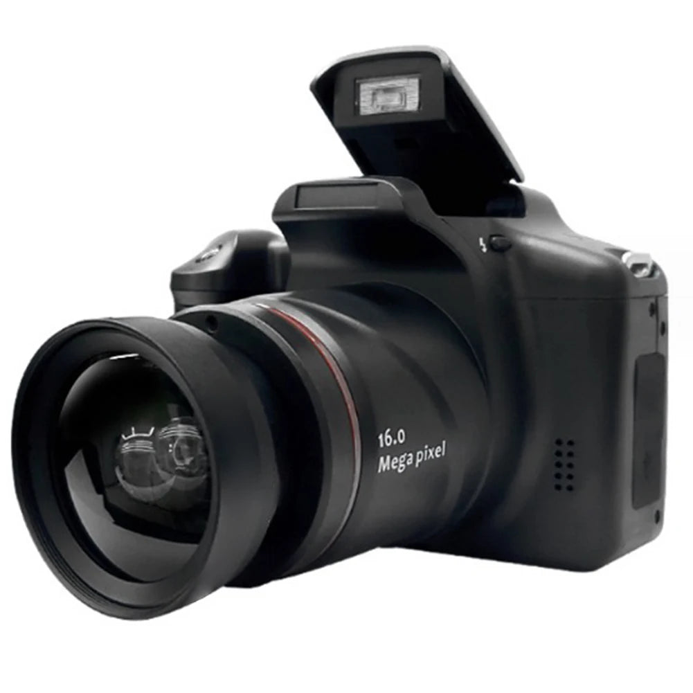 Black 16-megapixel digital camera with a plastic body, fixed wide-angle lens, and a pop-up flash.