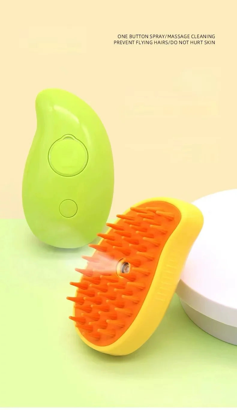 A lime green and orange pet grooming brush with a spray function, showing bristles and a button for easy hair removal.