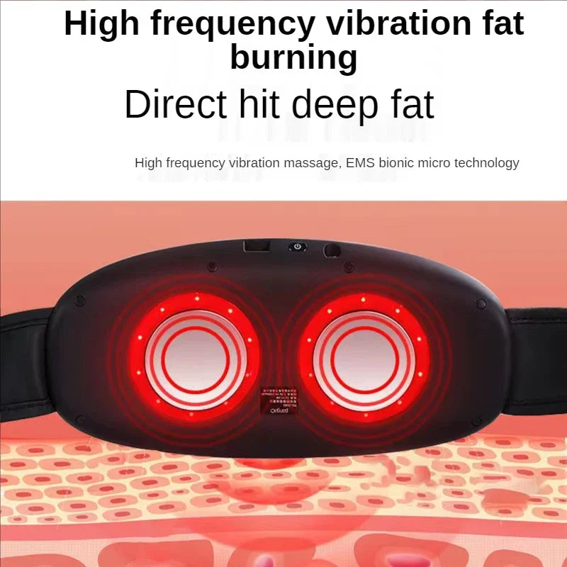 Black oval vibration slimming belt with two glowing red circular massage nodes and strap.